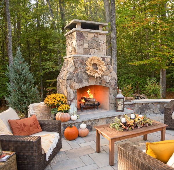 Paver patio with wood burning outdoor fireplace