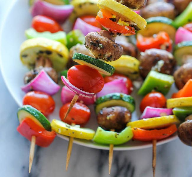 veggie Kabobs are side-by-side oiled and seasoned waiting to hit the grill