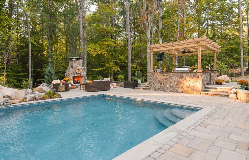 Gunite swimming pool outdoor fireplace and outdoor kitchen in tuckahoe virginia