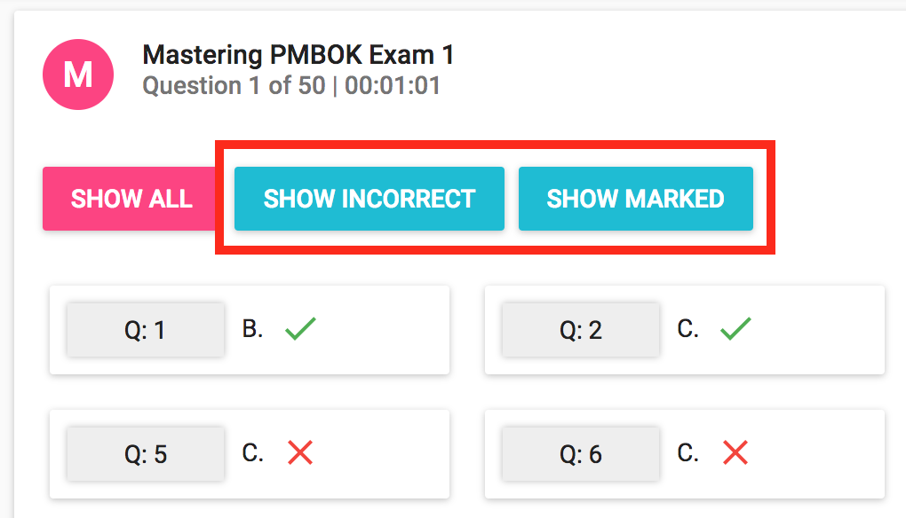 PMP Exam Simulator - Review Incorrect and Marked Questions