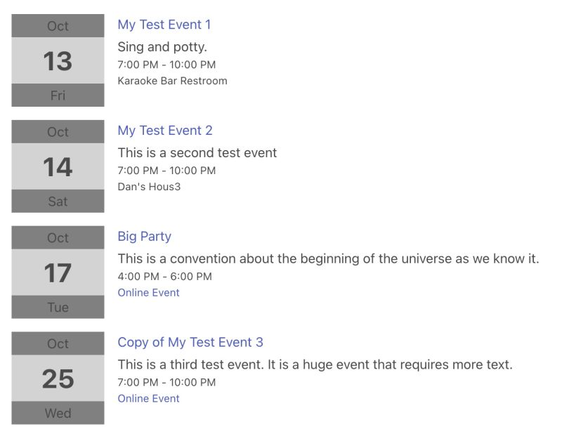 a screen shot showing a list of test events with silly names