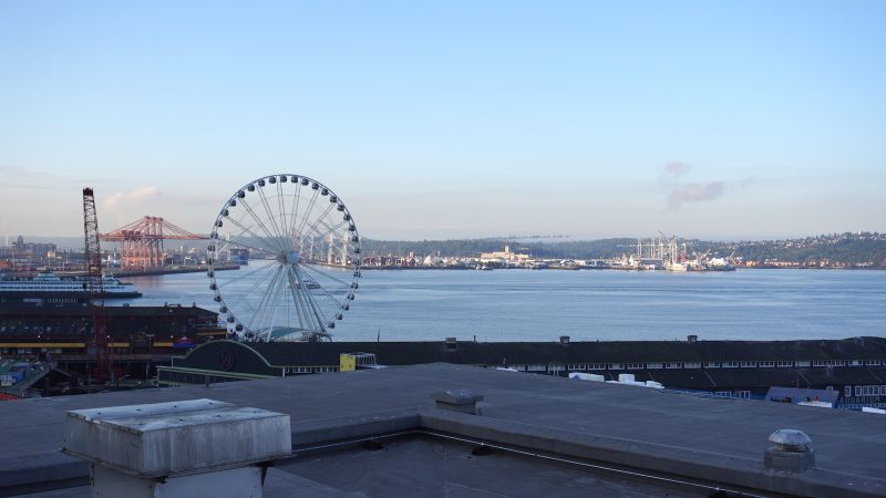 dark and deserted waterfront with a idle ferris wheel