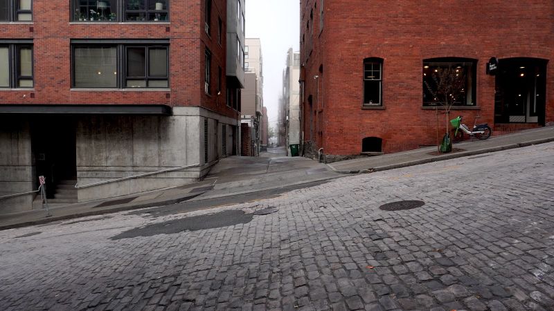 the steep grade of a downtown street in Seattle