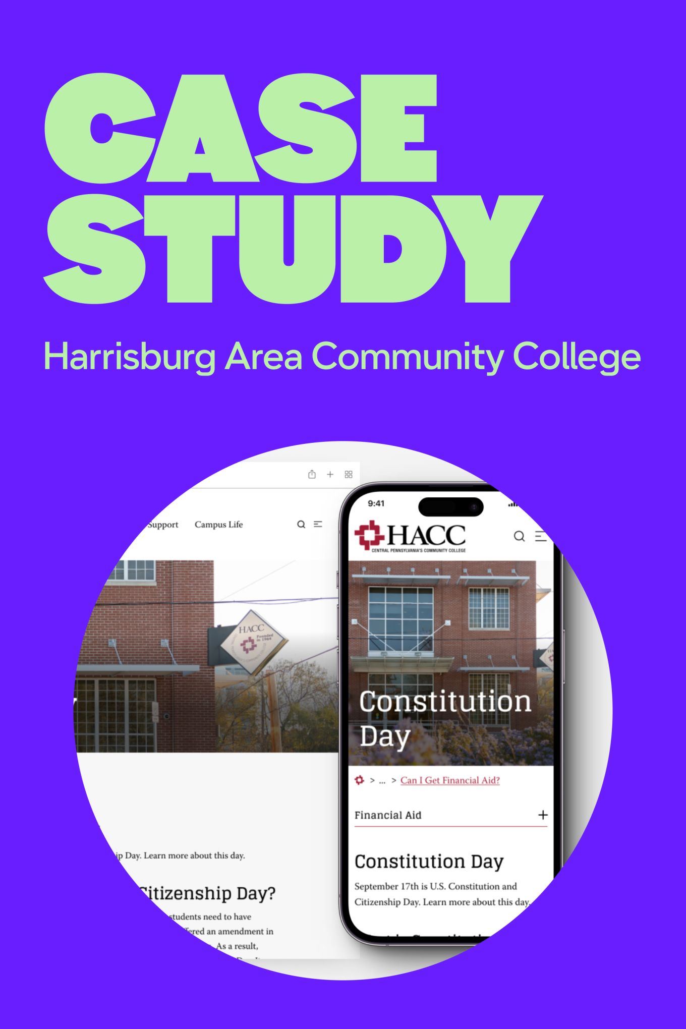 Circle masked screenshot of HACC website in a phone mockup. Text reads, Case Study. Harrisburg Area Community College