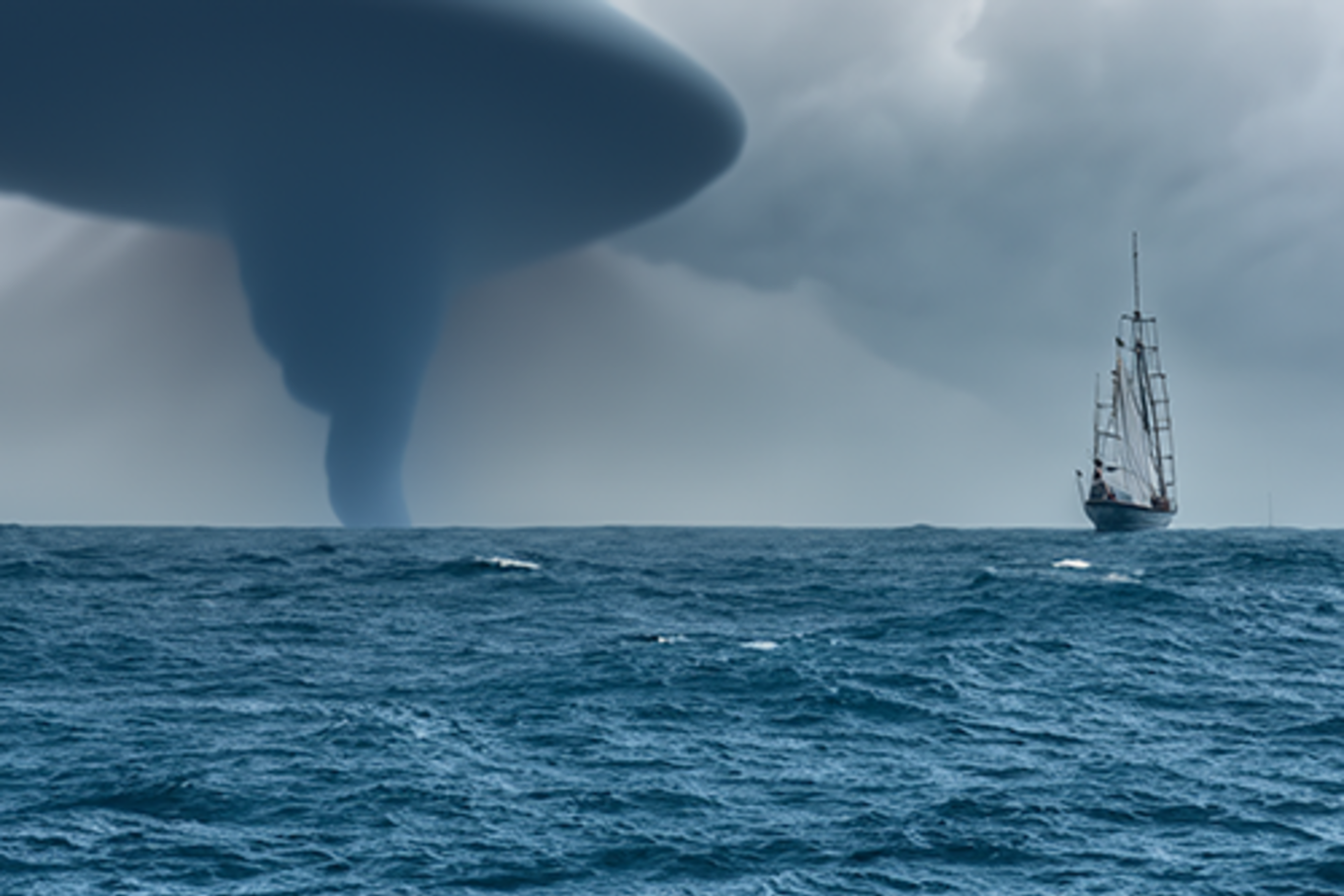 A ship on the ocean approaches a storm and waterspout on the horizon.