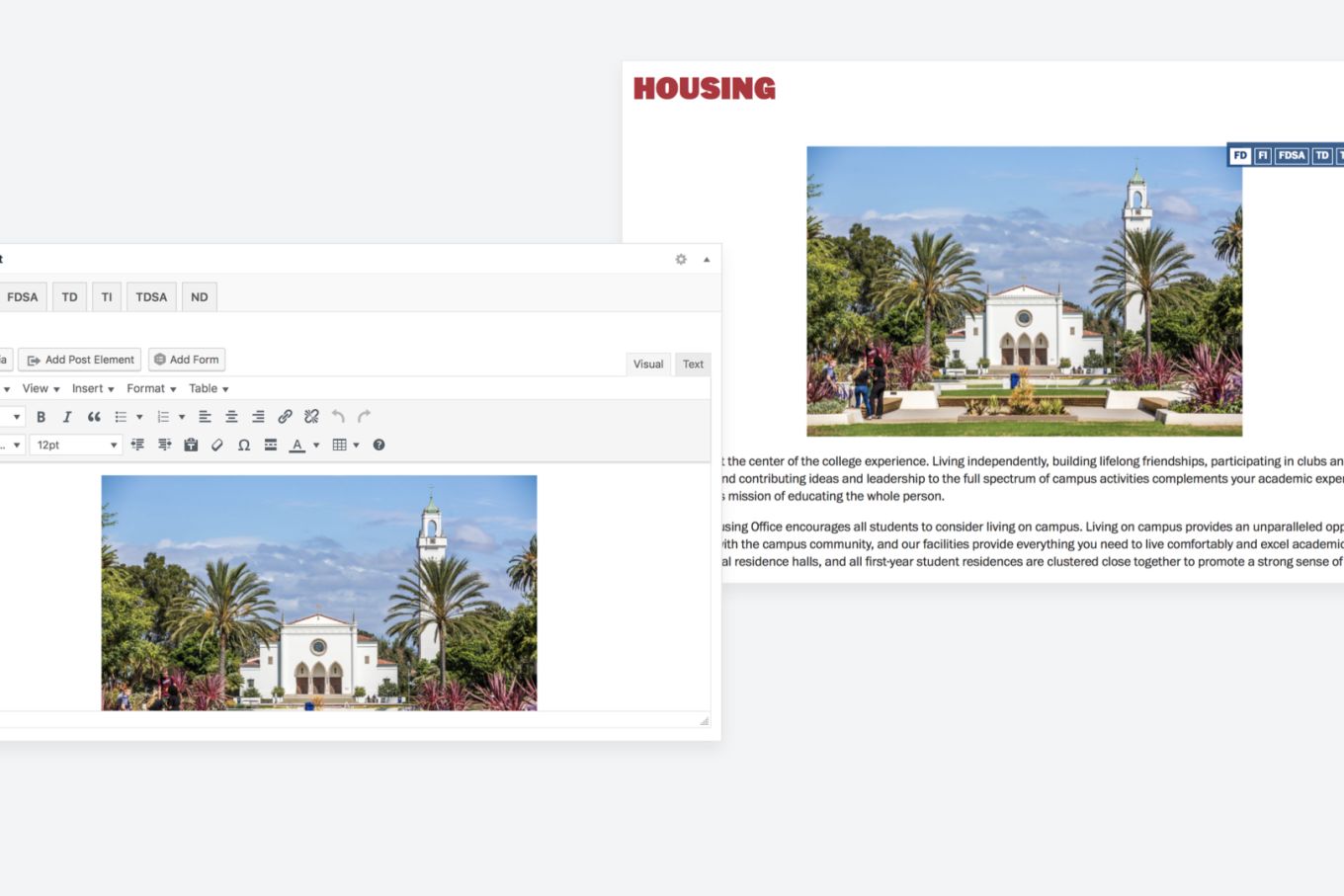 Editing interface showing tabs for different audiences and a frontend audience switcher so that admins can preview the content on the page.