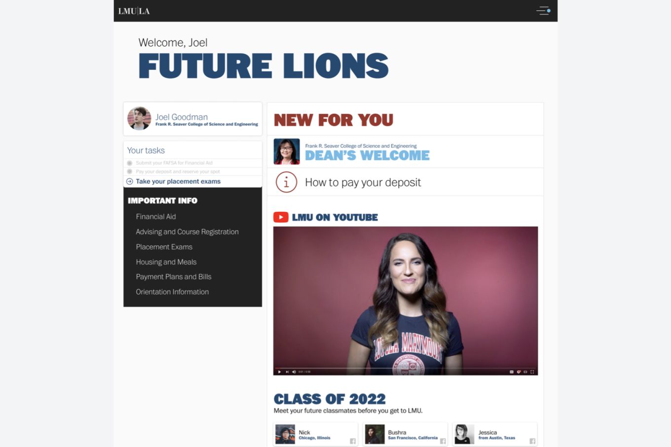 Tablet screenshot of student dashboard page showing a greeting video and tasklist.