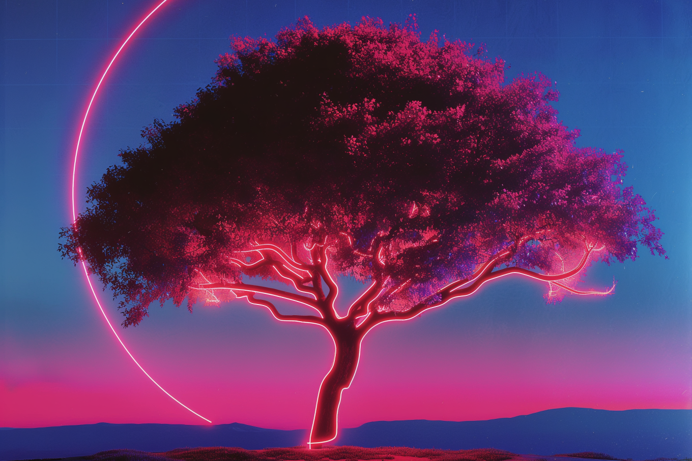 A neon tree growing up out of the ground. It's night time and a single line, glowing crescent moon is to the left of the tree.