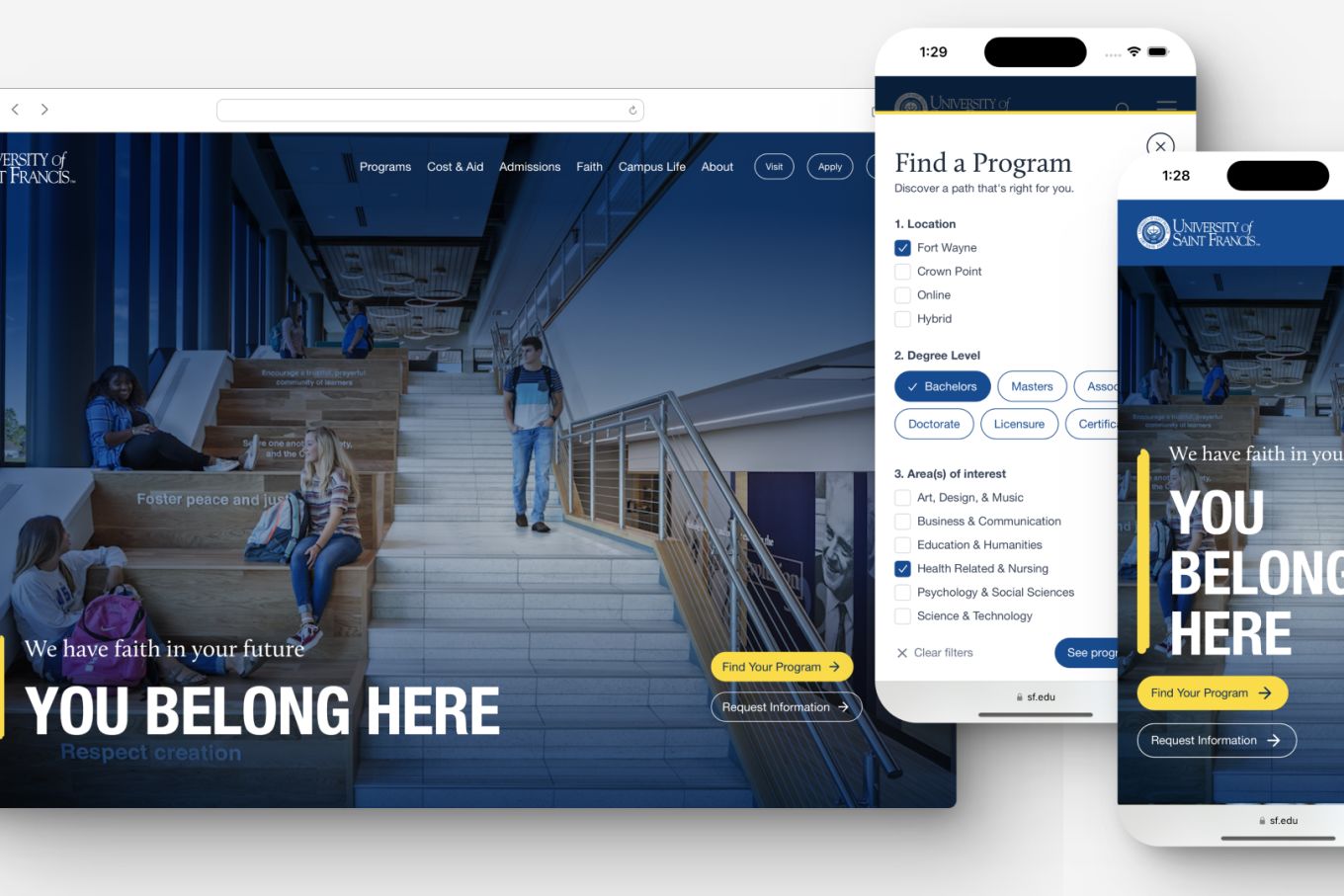 Desktop and mobile screenshots of the Univeristy of Saint Francis homepage and program finder.