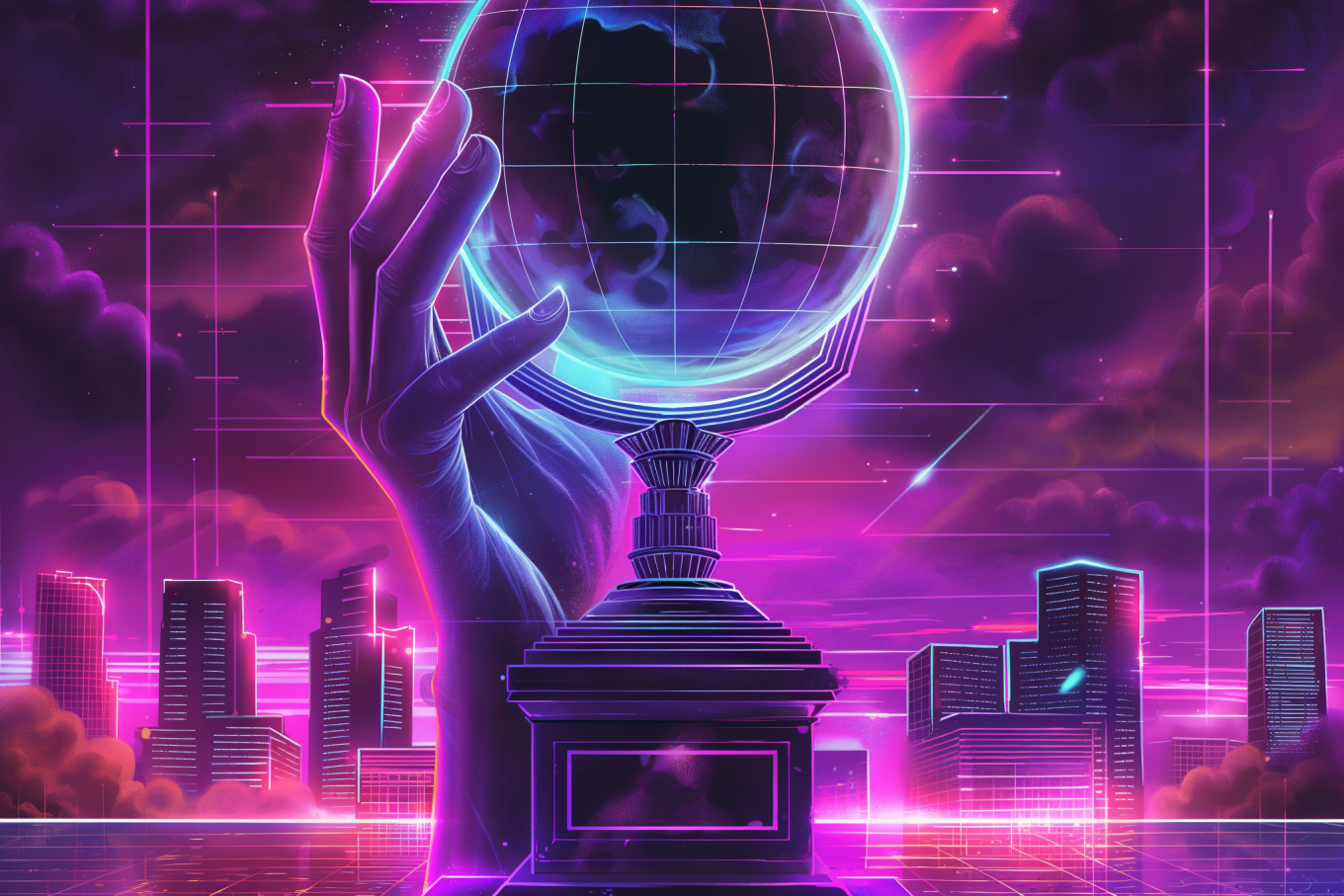 A neon stylized trophy with a globe on top. A city skyline in the background. A large hand reaching up from the base of the trophy to grasp the globe. Generative render from Midjourney.