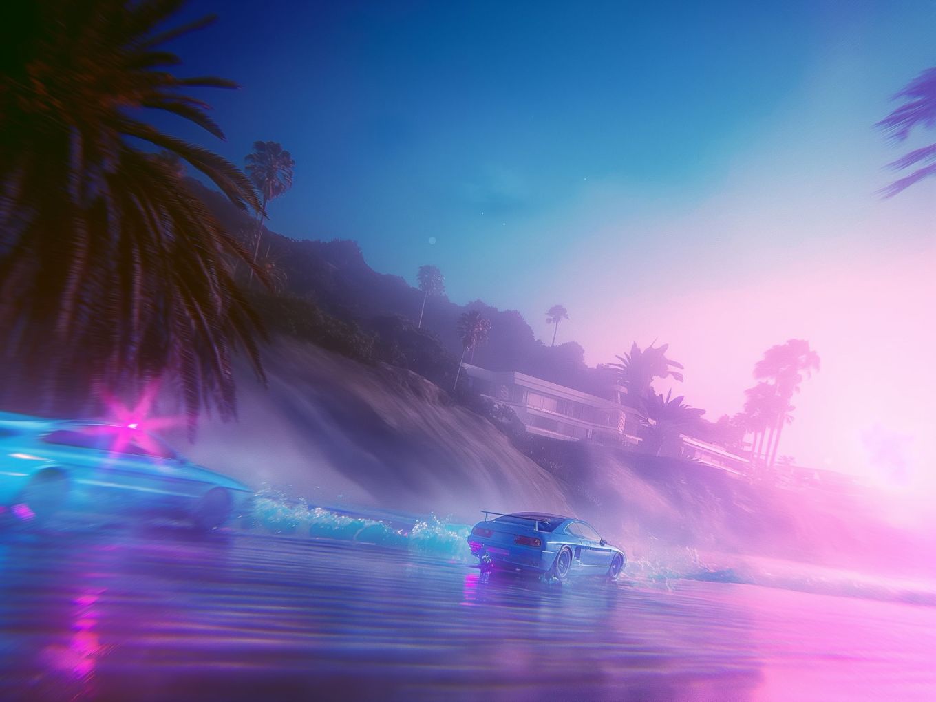 Midjourney generated image of cars racing along a beach. Big houses on cliffs in the background and a dreamy neon sky hangs over the scene.