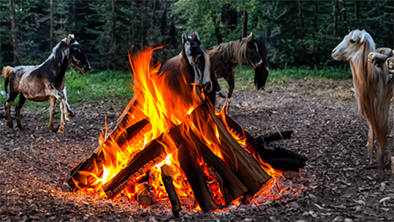 A group of horses gathers around a fire in the woods.