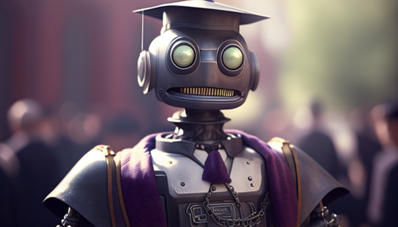 A robot University President smiles at commencement. But why?
