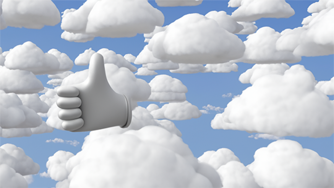 An image of a thumbs up surrounded by a bunch of white, fluffy clouds.