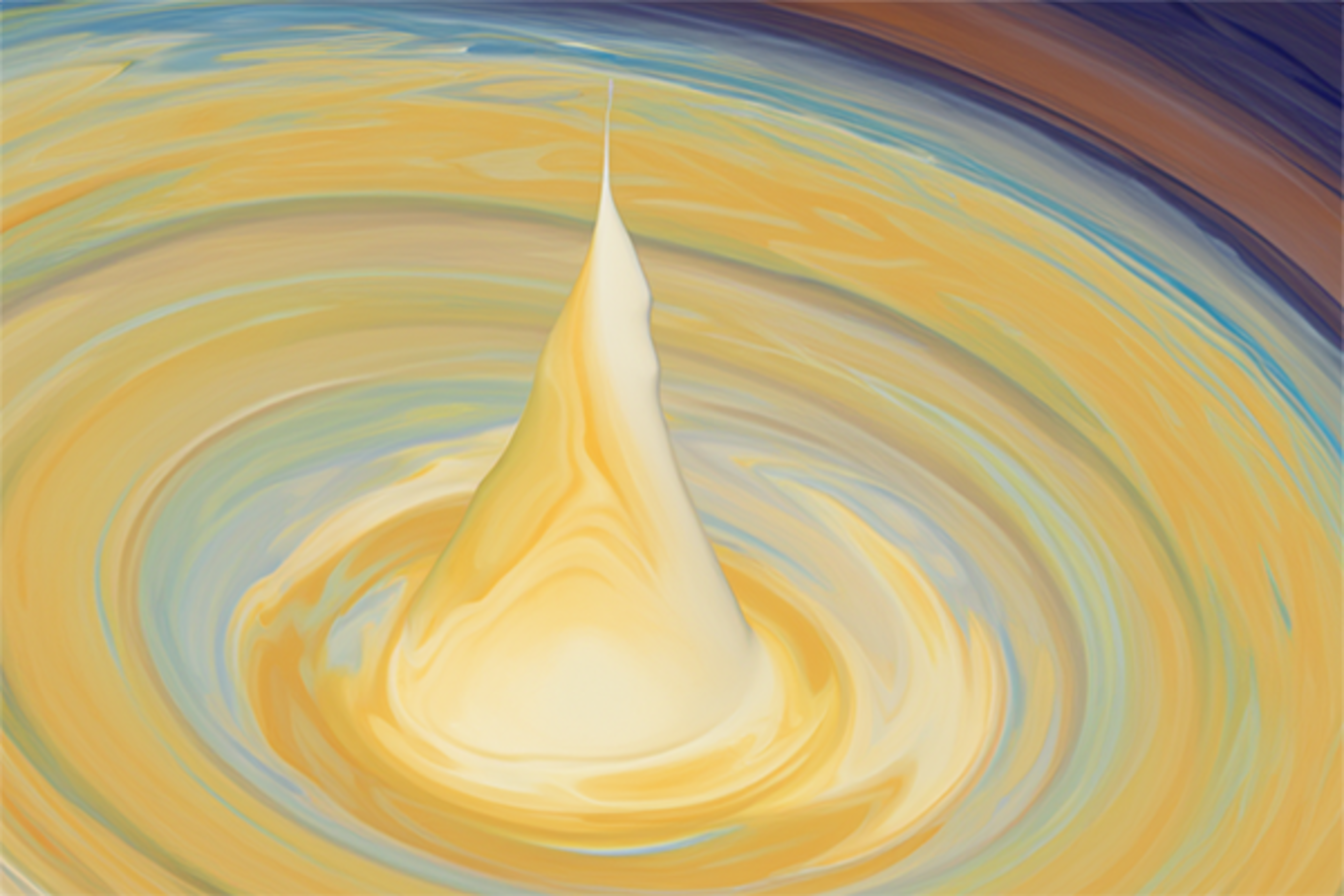 A yellow funnel rises out a molten pit of colors.