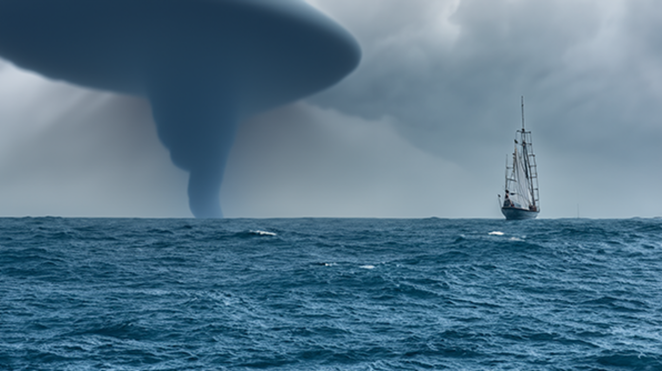 A ship on the ocean approaches a storm and waterspout on the horizon.