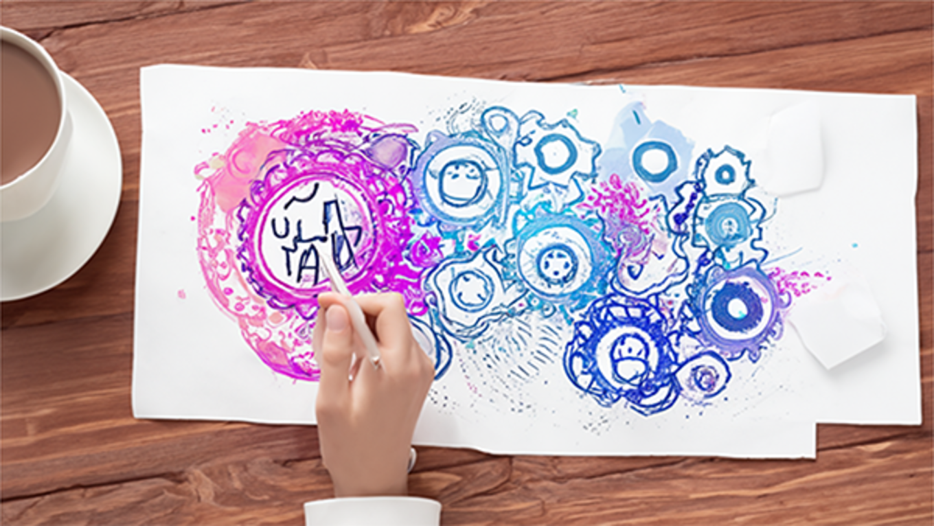 A person coloring cogs in a machine next to a cup of coffee.