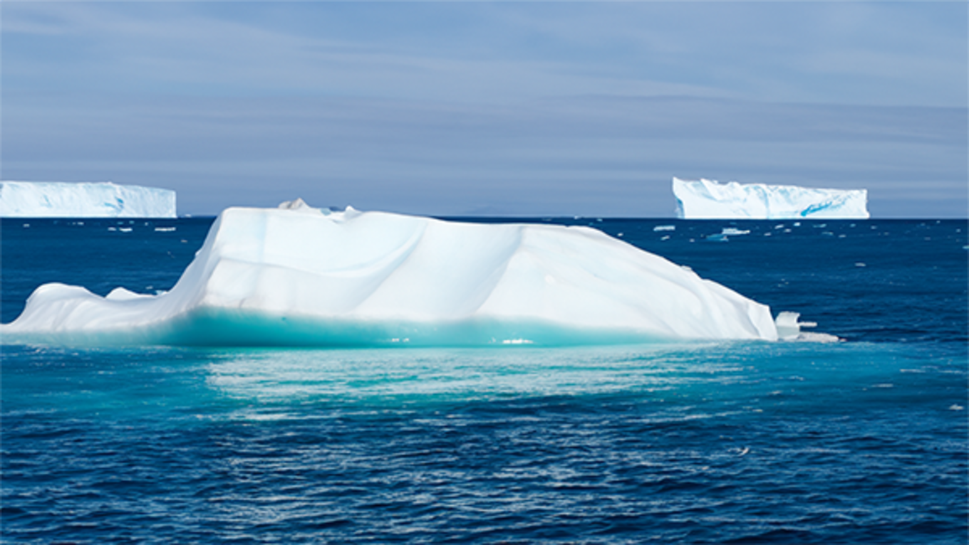 An iceberg melts in the ocean.