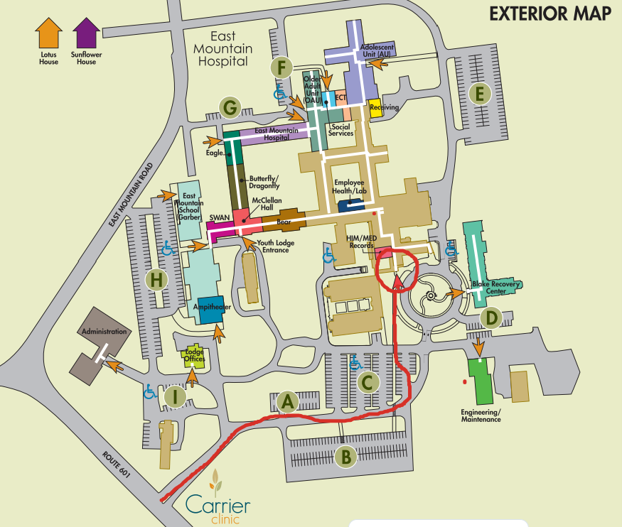 Map of Carrier Clinic Campus - Parking and Main Lobby