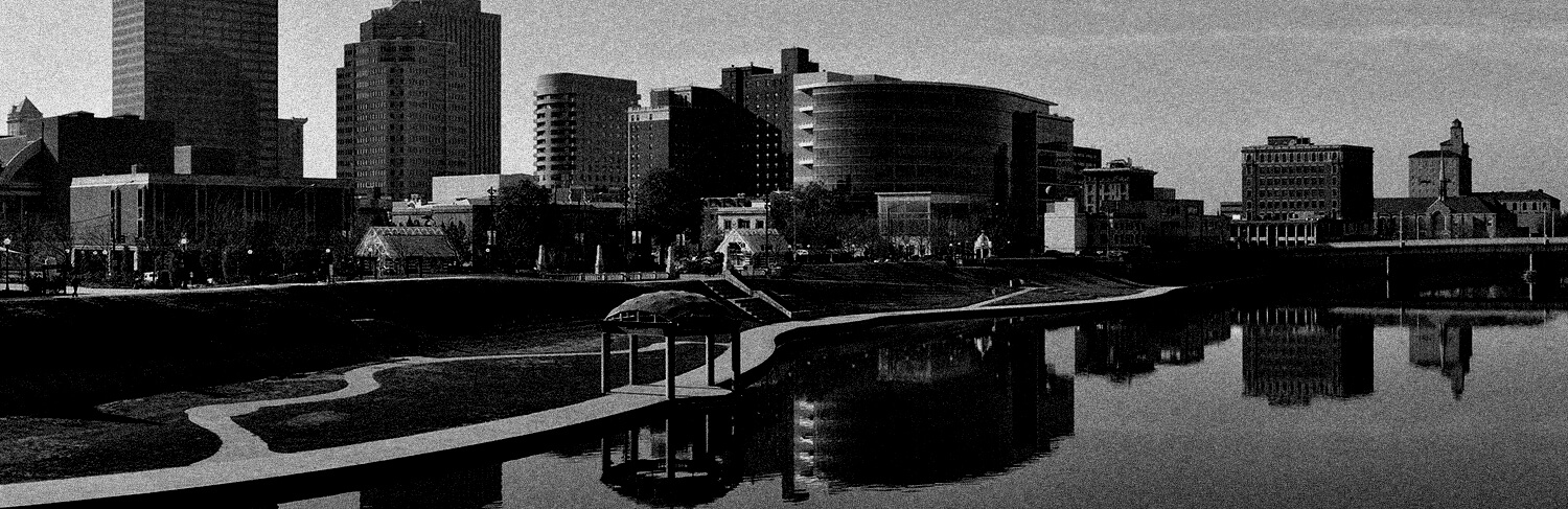 black and white panorama of waterfront buildings in Dayton, OH