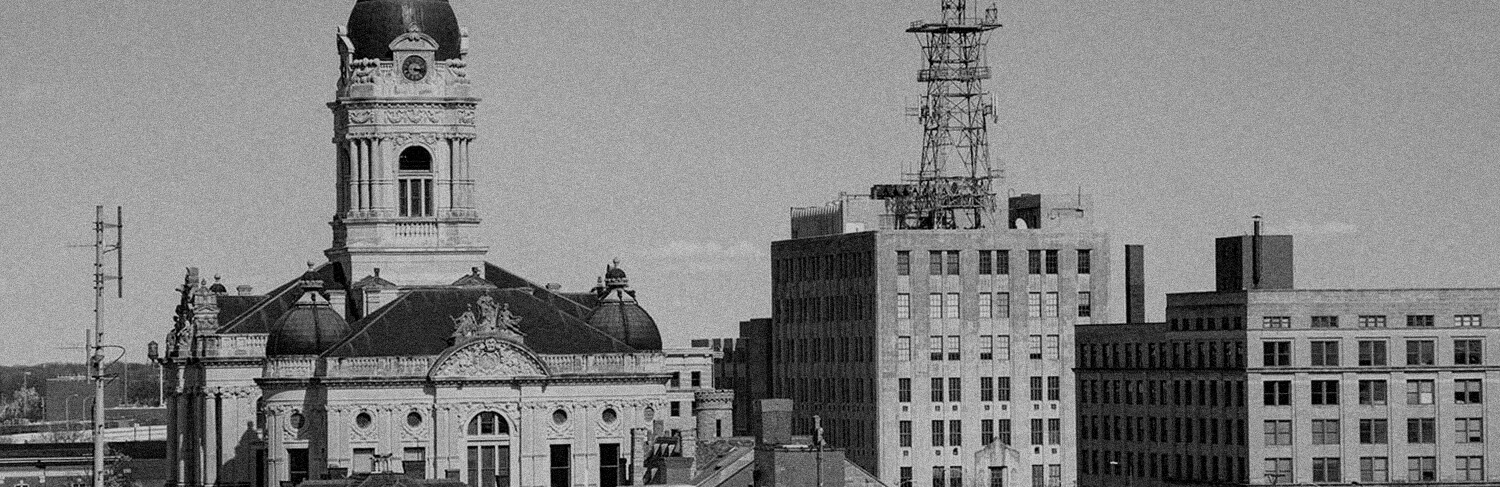 black and white panorama of buildings in Evansville, IN