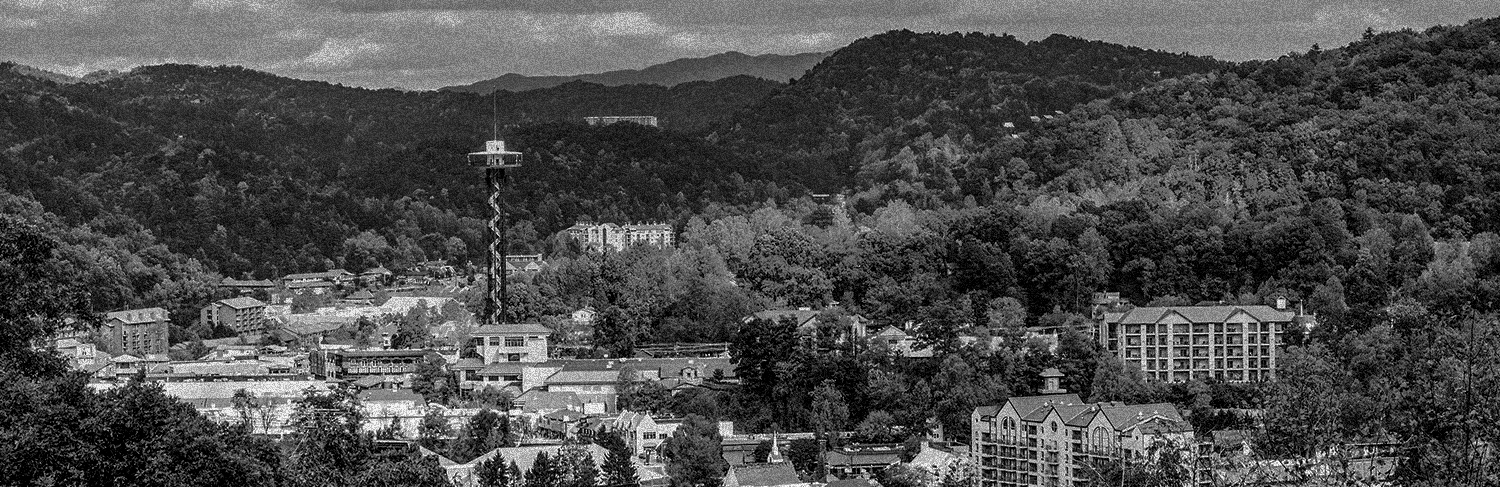 Black and white panorama of the rolling mountains of Gatlinburg, TN