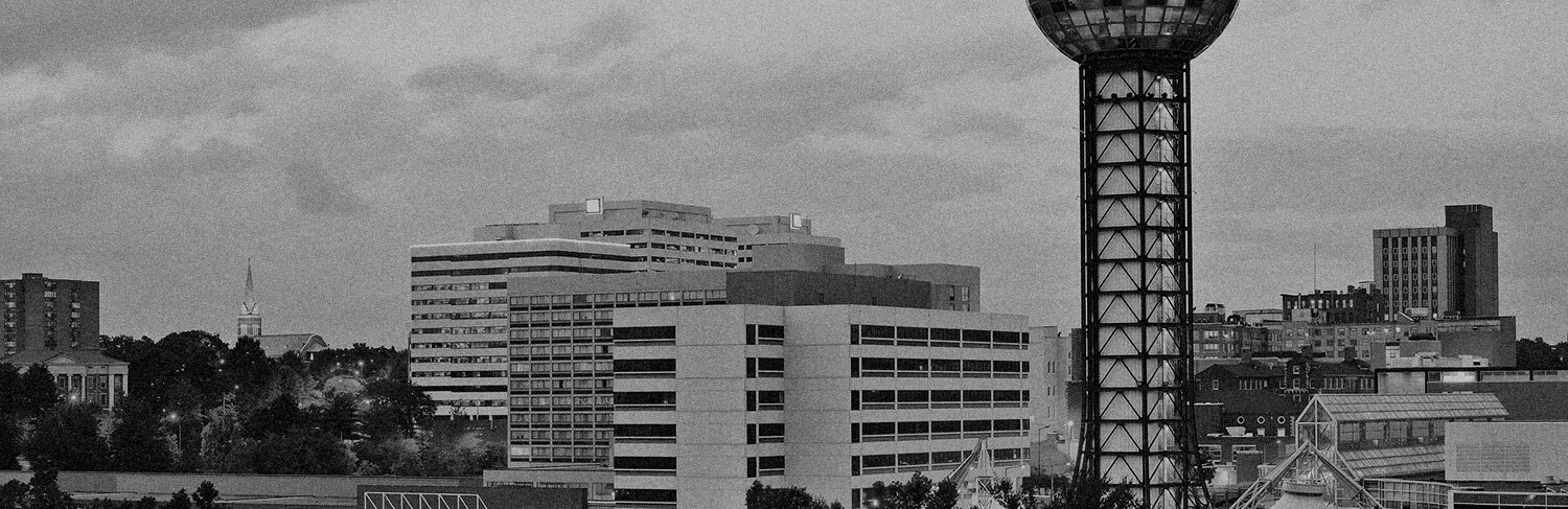 black and white panorama of buildings in Knoxville, TN