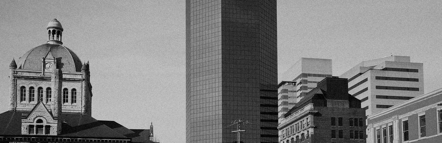 black and white panorama of buildings in Lexington, KY