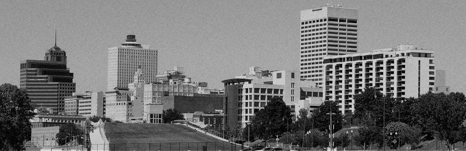 black and white panorama of buildings in Memphis, TN