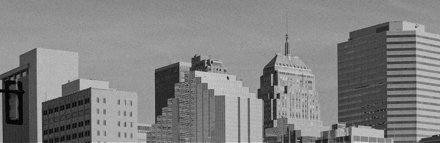 black and white panorama of buildings in Oklahoma City, OK