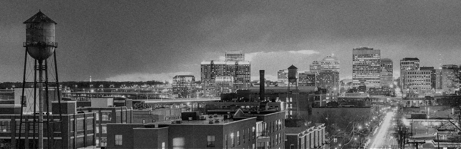 black and white panorama of buildings and water tower in Richmond, VA