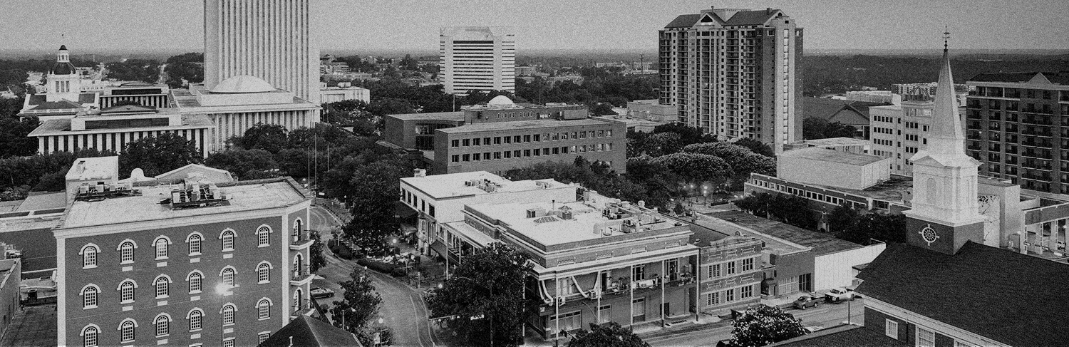 black and white panorama of buildings in Tallahassee, FL