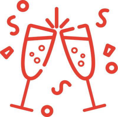 red icon of champagne glasses clinking with confetti in the air
