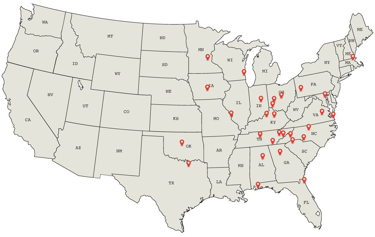 Map of the United States with markers for all Breakout Games locations