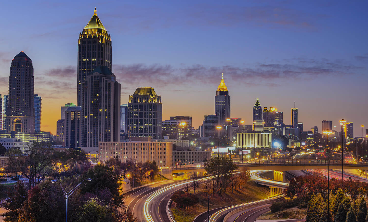 black and white panorama of buildings and highway in Atlanta, GA