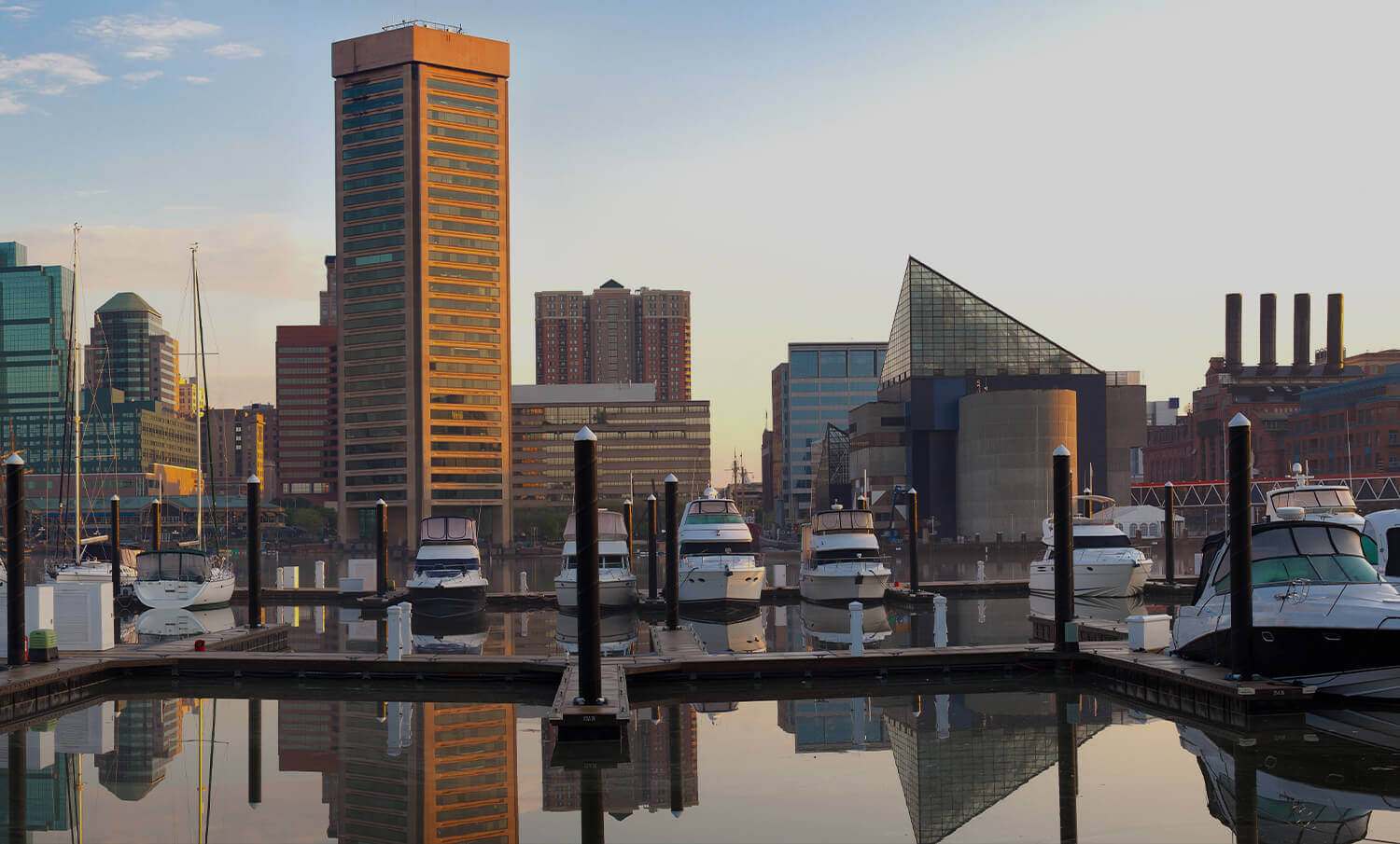 black and white panorama of buildings and waterfront in Baltimore, MD