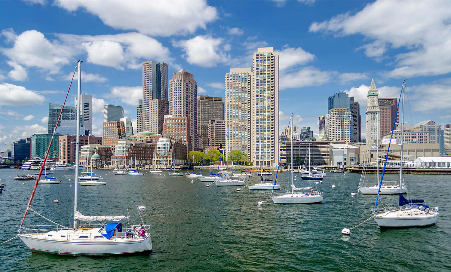 black and white panorama of buildings and waterfront in Boston, MA