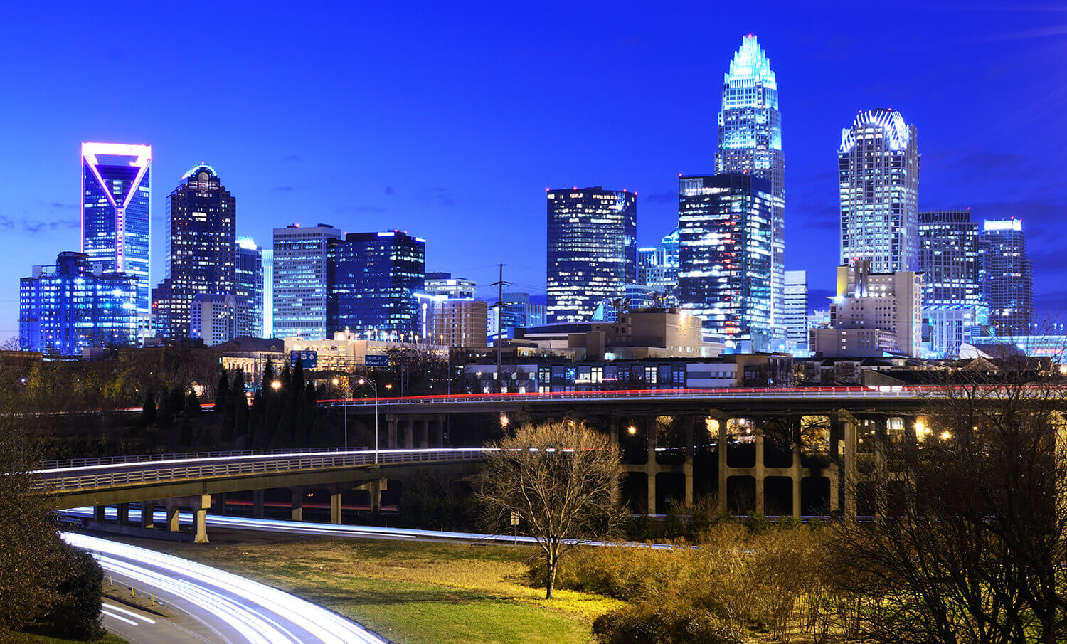 black and white panorama of buildings in Charlotte, NC