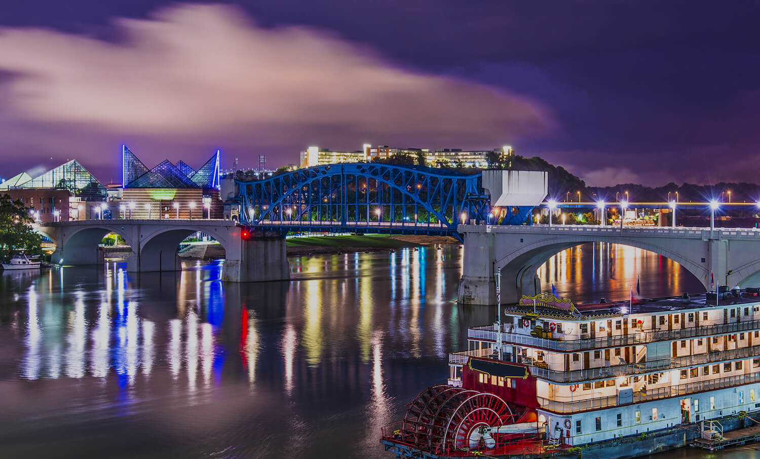 black and white panorama of waterfront and riverboat in Chattanooga, TN