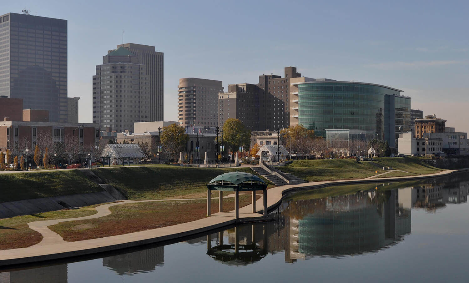 black and white panorama of waterfront buildings in Dayton, OH