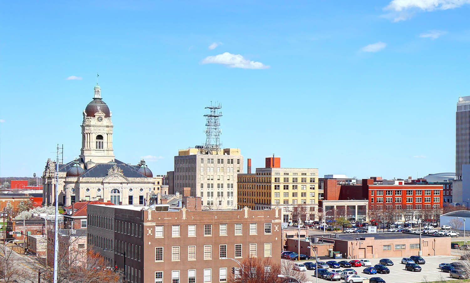 black and white panorama of buildings in Evansville, IN