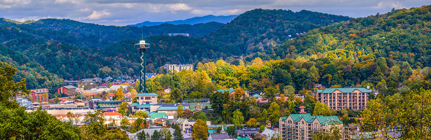 Black and white panorama of the rolling mountains of Gatlinburg, TN