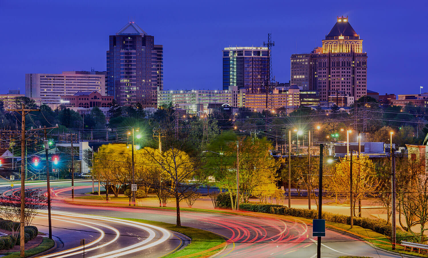 black and white panorama of buildings in Greensboro, NC