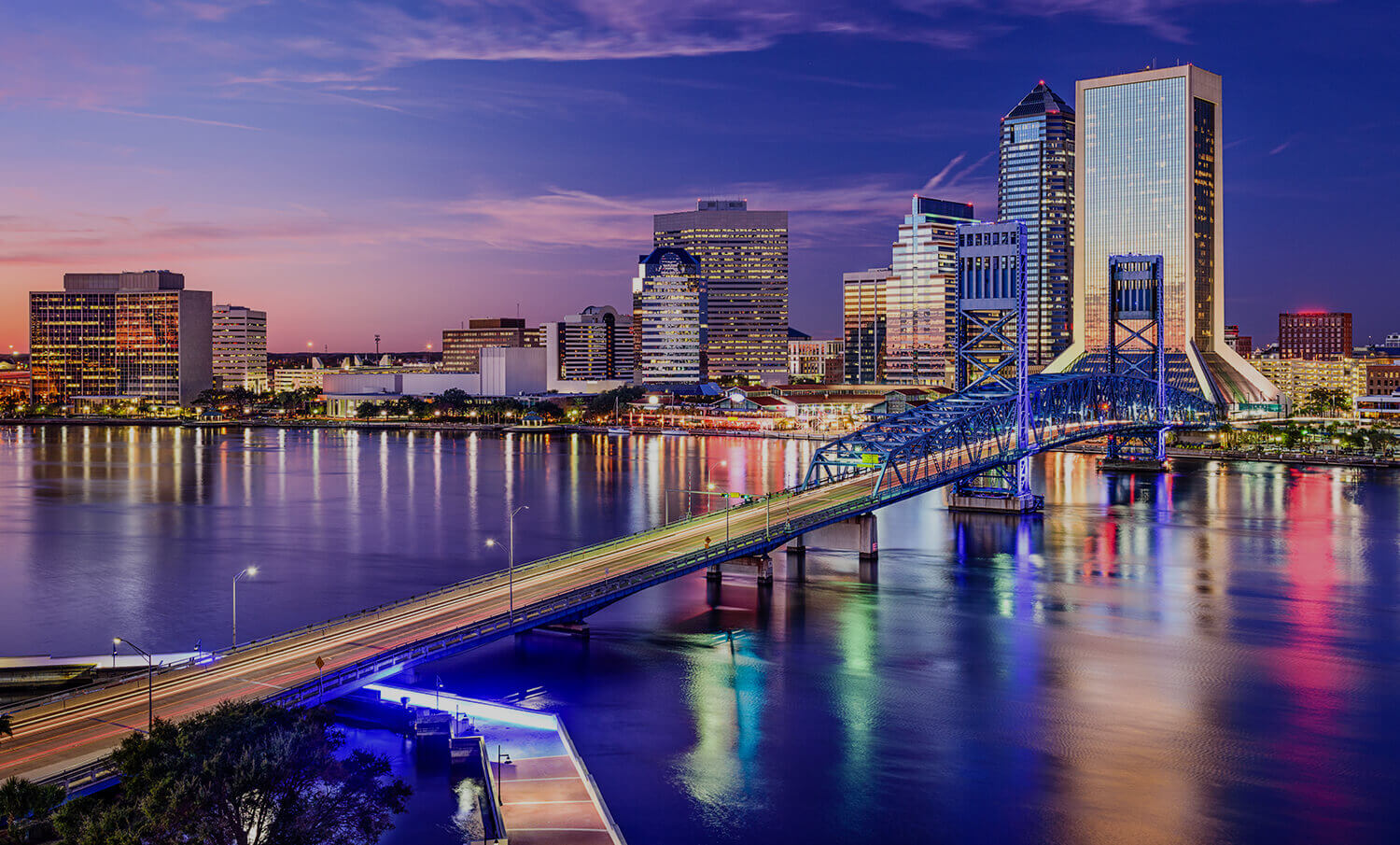 black and white panorama of buildings and waterfront in Jacksonville, FL