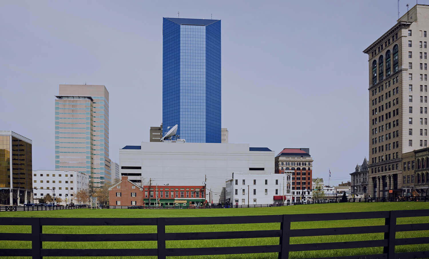 black and white panorama of buildings in Lexington, KY