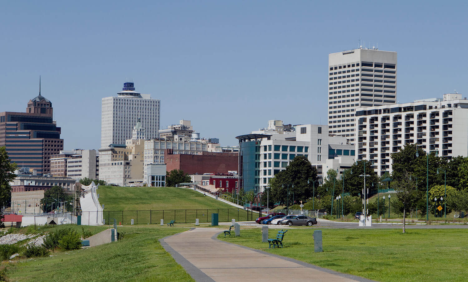 black and white panorama of buildings in Memphis, TN