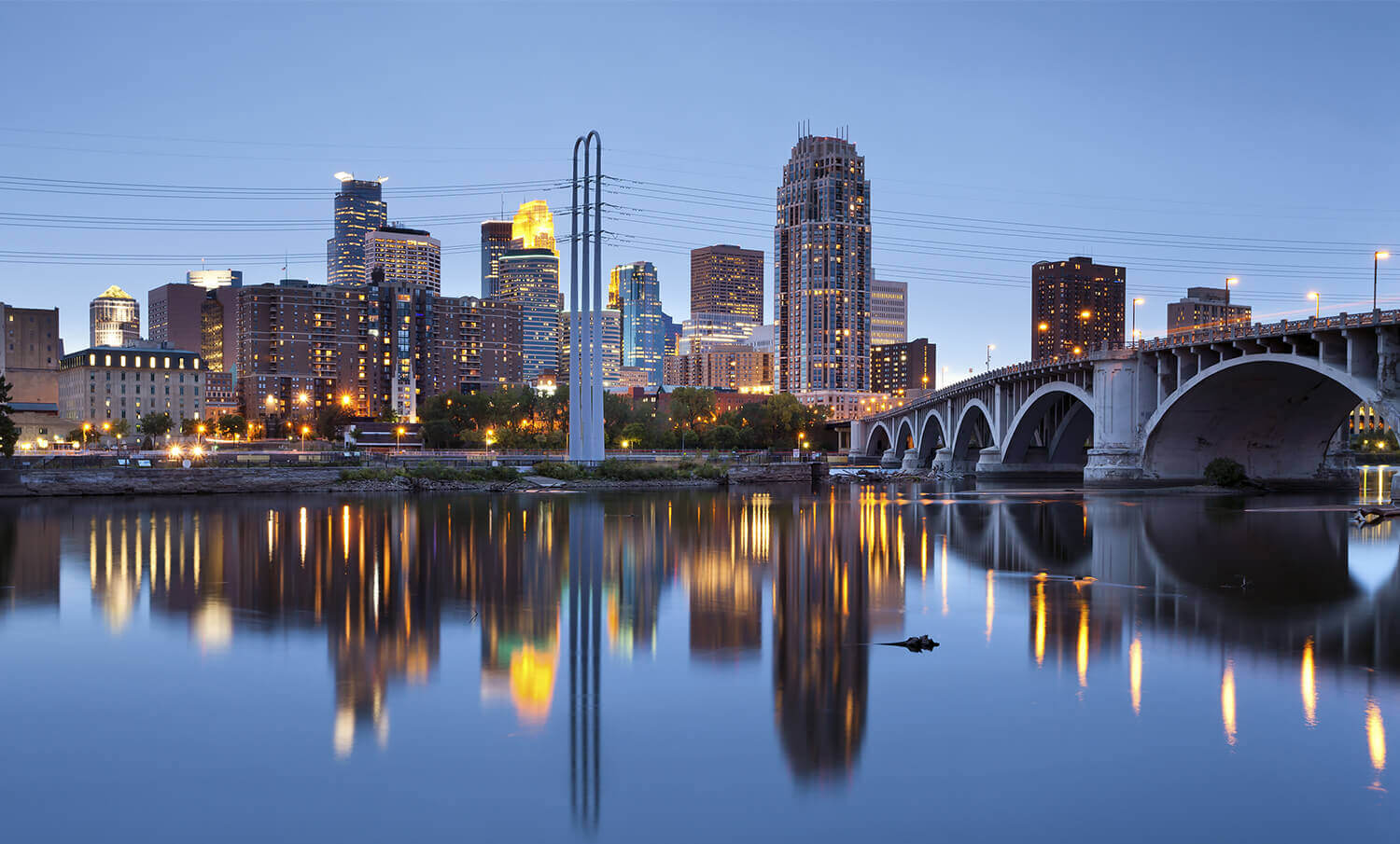 black and white panorama of buildings and waterfront in Minneapolis, MN