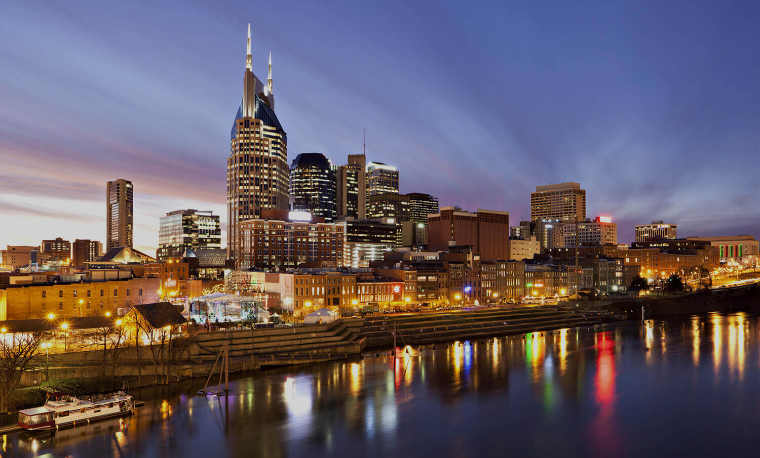 black and white panorama of waterfront and buildings in Nashville, TN