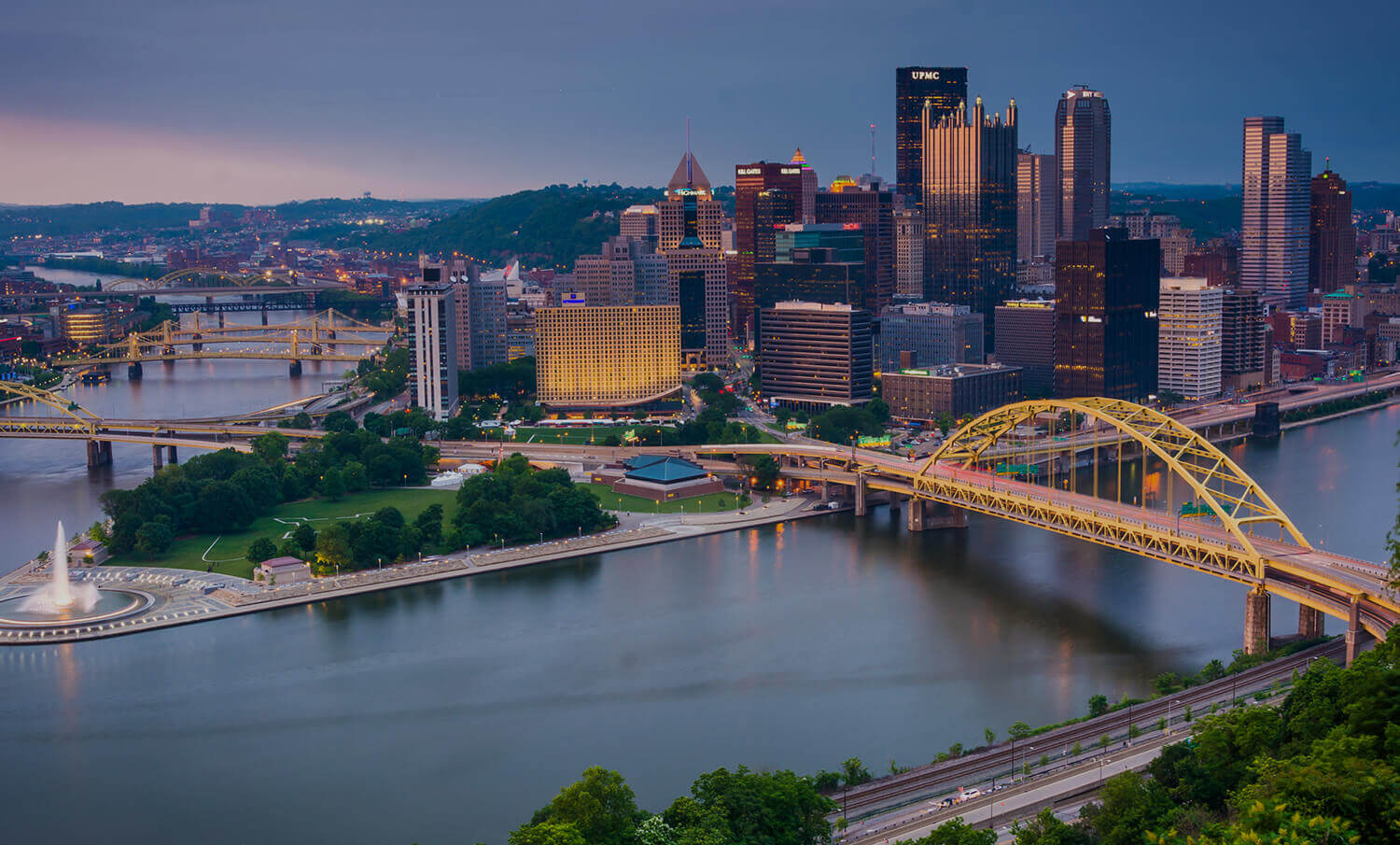 black and white panorama of buildings, bridges and rivers in Pittsburgh, PA