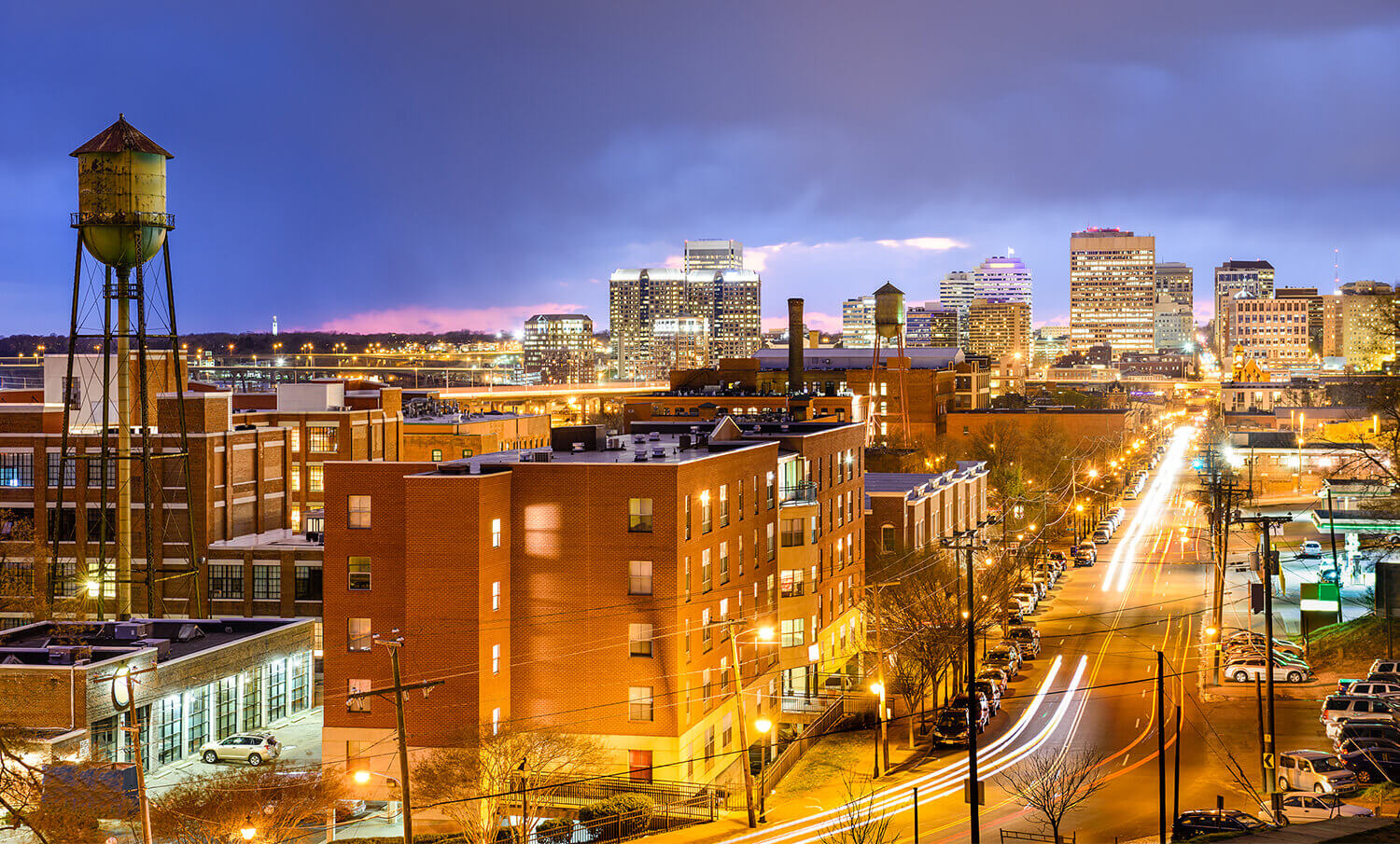 black and white panorama of buildings and water tower in Richmond, VA